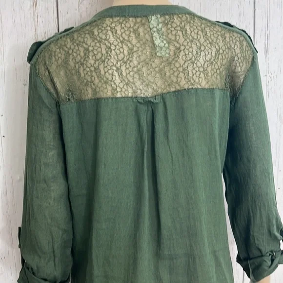 Free People Green Linen Cotton Blend Long Sleeves Army Green Top Lace Bodice - Picture 9 of 11